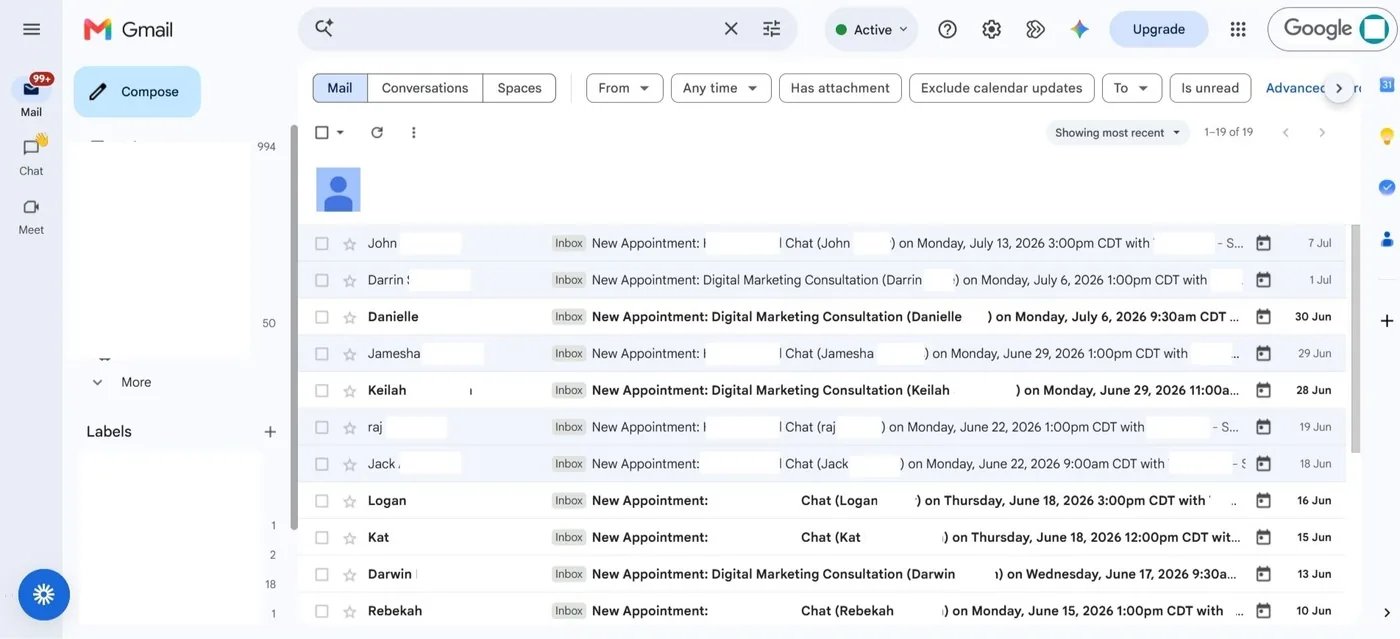 Inbox of new appointment notifications