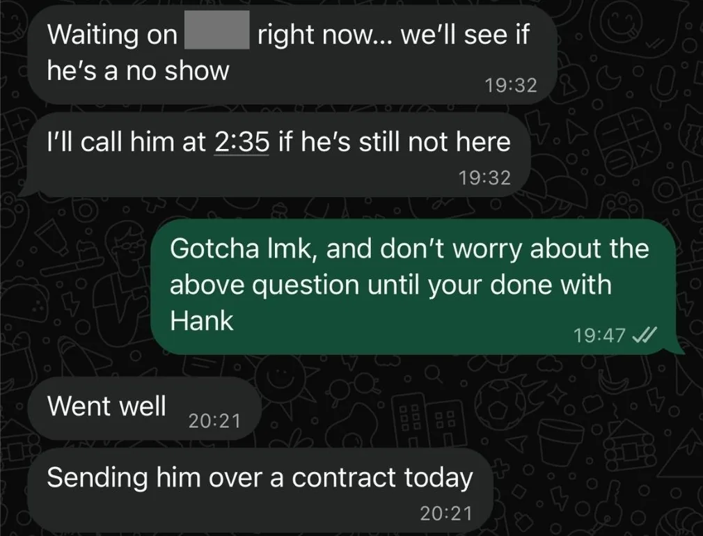 Client message saying a booked call went well and a contract is being sent