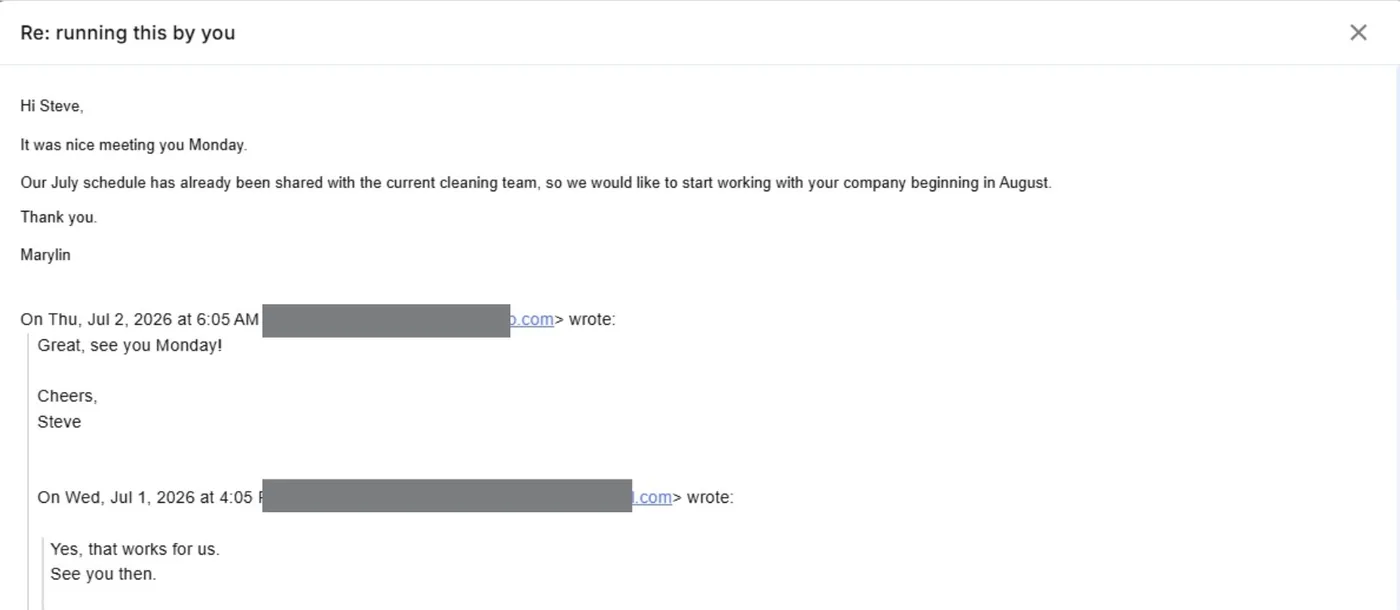 Prospect email confirming they will start working with the client