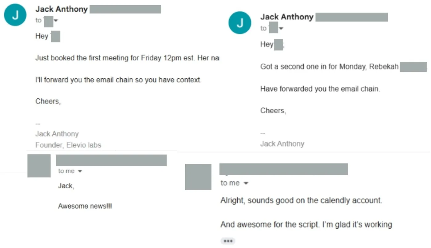 Emails updating a client on newly booked meetings