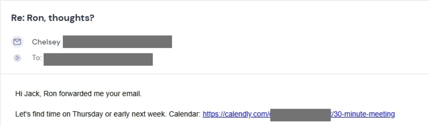 Reply from a Chief Revenue Officer sharing her calendar